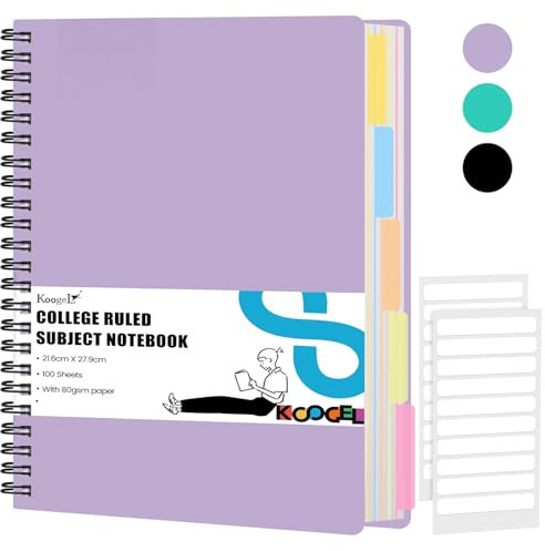 Koogel Hardcover Spiral Notebook with Tabs, A4 Journals with Deviders 5 Subject Project Spiral Notebook Perforated Edges for School Office, Purple