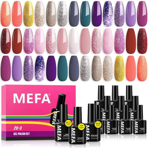 MEFA Gel Nail Polish Set 23 Pcs, 20 Colors Glitter Pink Purple Red Silver Sparkle Lavender Champagne Nail Polish, Glossy&Matte Top Base Coat Nail Art Kit Design Salon Manicure Gifts for Women