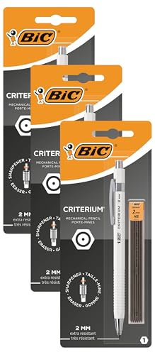 BIC Criterium 2 mm HB-Druckbleistift - schwarzer oder weißer Schaft, 1er Blister + 6 Nachfüllminen HB (Packung mit 3)