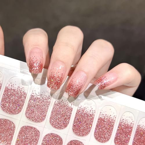 Ceboic Gel Nagellack Aufkleber, 22PCS UV Nagelfolien Selbstklebende Semi Cured Gel Nail Strips (Glitzer Rosé Gold) French Tips Gellack Wraps, Salonqualität Gel Nagellack Streifen für Finger & Fußnägel