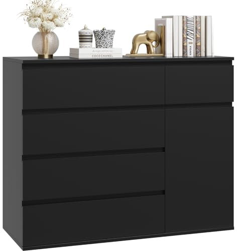 FOREHILL Commode Chambre Adulte Commode 5 Tiroirs et 1 Porte Commode Noire Chiffonnier Rangement pour Salon Couloir Armoire à Tiroirs 100x40x80cm