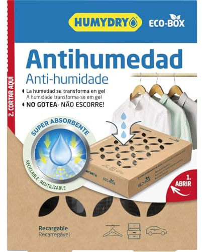 HUMYDRY Eco-box antihumedad de cartón - Convierte la Humedad en Gel - Sostenible: Reutilizable y Reciclable - Deshumidificador 200g