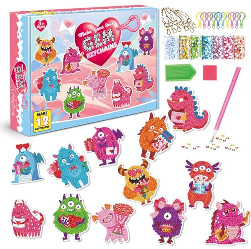 CAYUDEN Diamond Painting Schlüsselanhänger, 12 Stück DIY Diamond Painting Keychain Kits for Kids 5D Monster Diamant Painting Anhänger Gem Art Keyring Ornamente Bastelset Kinder 4 6 8 10 12 Jahre