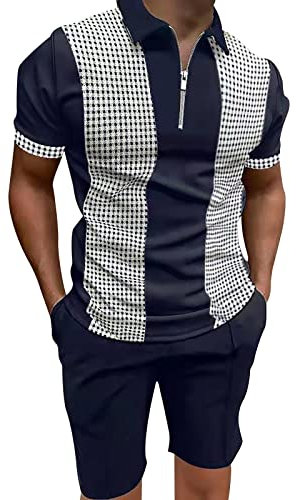 Herrenanzüge, groß und hoch, Herrenhemd und Shorts, 2 Sommer-Outfits, modisch, lässig, athletisch, Farbblock-Shorts, Trainingsanzug-Set, Katzen-Badeanzug für Herren, navy, XL