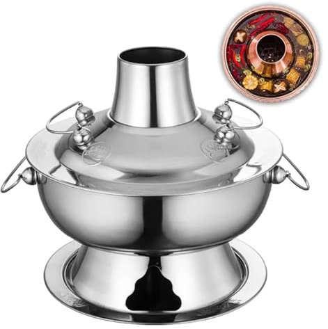 Traditional Chinese copper hot pot,Vintage Shabu Pot,Copper Hot Pot with Chimney Stainless Steel Hot Pot for 1-10 People Home Party(Silver,30cm)