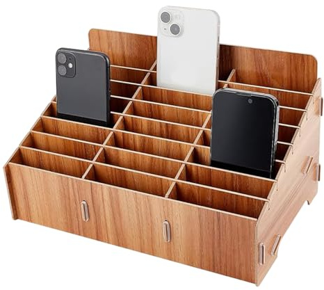 Casenly 24 Gitter Handy Aufbewahrungsbox, Holz Aufbewahrung Schule, Teakholz Farbe Desktop Aufbewahrungsbox für Klassenzimmer Büro Konferenzraum