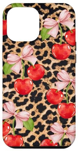 iPhone 14 Pro Max Leopard Cherry Cherries Coquette Bow Pink Case