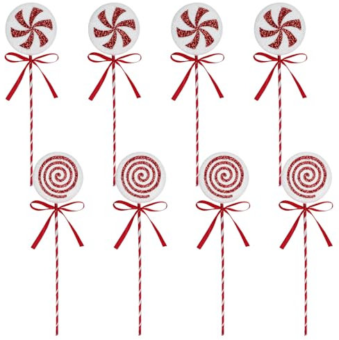8 Pcs Christmas Lollipop Candy Picks 10.8inch Glitter Peppermint Lollipop Candy Ornaments for Christmas Tree Decorations Vase Filler Holiday Candy Theme Party Home Arrangement (Red)