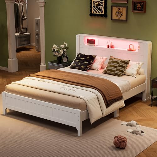 Aoskem Doppelbett Bett 140x200 cm Kinderbett, LED-Kopfteil mit Stauraum, Offenes Regal, Flachbett Holzbett Jugendbett Funktionsbett, Bettgestell mit Lattenrost, Rahmen aus Kiefer, Ohne Matratze, Weiß
