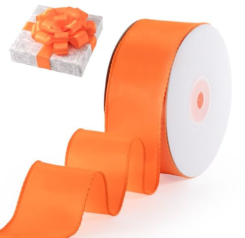 FAKILO Orangefarbenes Satinband mit Draht, 3,8 cm, durchgehendes 20 Meter, orangefarbenes Band für Geschenkverpackungen, Weihnachtsbaumdekoration, große Schleifen, Kranz, Basteln, Urlaubsdekoration