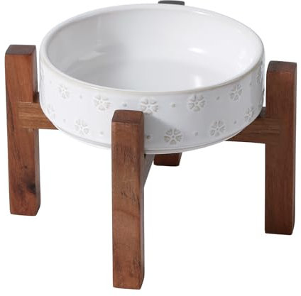 Havniva Keramik 15,5cm erhöht Hunde- und Katzennapf Set, 2 Höhen erhöht mit Holzständer, Futter- und Wassernapf für kleine Rassen Hunde, gewichtete Tiernäpfe(400ml, Arktisch Weiß)