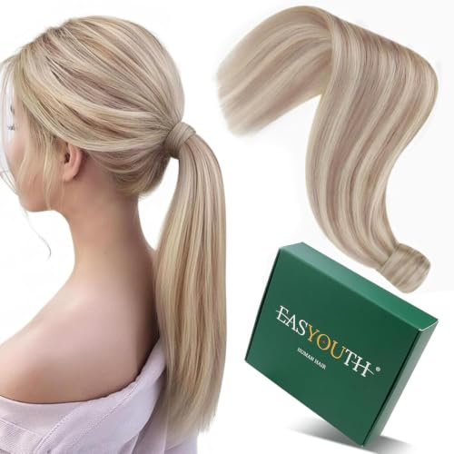Easyouth Pferdeschwanz Zopf Extension Echthaar Ponytail Zopf Echthaar Aschblond Mix Gelb Blond Pferdeschwanz Extensions Echthaar 40 cm 80g #18P613