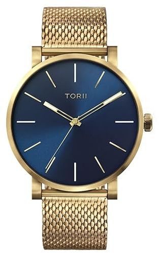 TORII Herrenuhr Blau Edelstahl - rund Quarz G45GG.NG Milanaise-Armband Strichindizes wasserdicht 100 m