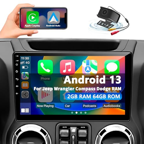 Car Radio Stereo for Jeep Wrangler JK 2007-2018 Dodge Ram 1500 2500 3500 Grand Cherokee, Android 13 2G+64G with CarPlay Android Auto 10 inch Touchscreen Head Unit, GPS BT WiFi AM/FM, Rear View Camera
