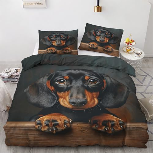 Generisch Dackel Deko - Dackel Bettwäsche 135x200 Winter, Süße Hund Bettbezug 135 x 200 2er Set mit 1 Kissenbezug 80x80, Weiche Mikrofaser Winterbettwäsche mit Reißverschluss V*&206
