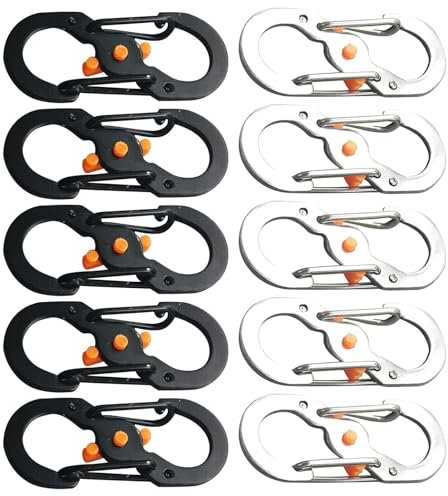 S Carabiner Clip, 10 PCS Mini Stainless Steel Carabiner, S Shape Keychain Hook Clip with Lock, for Small Backpacks Keys or Dog Tags for Home Outdoor Hiking Fishing Camping Travel