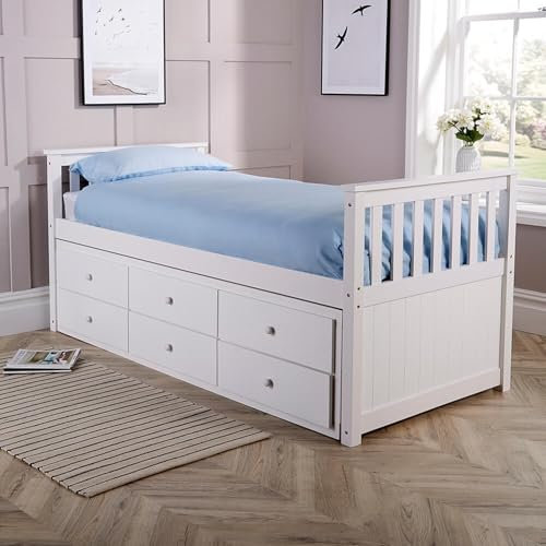 Home Source Bedroom Kid’s Trundle Cabin Day Bed, Pull Out Storge Drawers, Guest Sleepover, 3ft Single, White