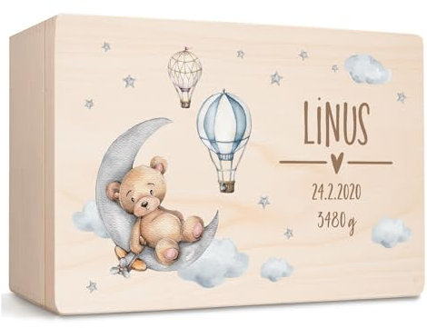 Little Deco Personalisierte Erinnerungsbox Baby Holzkiste mit Deckel | L - 40 x 30 x 22 cm | Erinnerungskiste für Jungen, Geschenk zur Geburt, Taufgeschenk mit Bär & Mond XHL1025-02