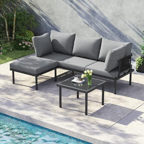 Merax Gartenmöbel-Set Eckgarnitur Sofa + Couchtisch + Fußhocker – Outdoor Möbel Set aus verzinktem Stahlrohr mit Glastischplatte, ideal für Garten, Terrasse, Balkon – Grau & Schwarz