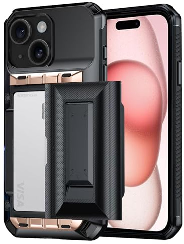 Hovisi für iPhone 15 Hülle mit Kartenfach & Ständer [4-5 Karten] [Schiebekartensteckplatz] Militärschutz 360 Grad Stoßfeste Handyhülle, für iPhone 15 Hülle mit Kartenfach
