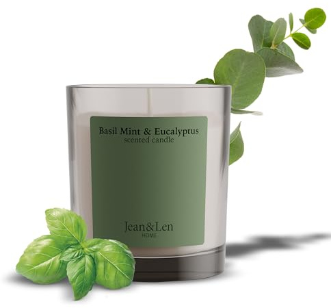Jean & Len Scented Candle Basil Mint & Eucalyptus, vegan, 195 g | Mit Sheabutter, Brenndauer ca. 40 Stunden, minimalistisches Design, erfrischender Duft