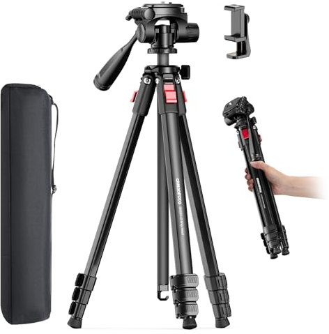 CAMBOFOTO Treppiede leggero da 172,7 cm, compatto e portatile, in alluminio, per DSLR/SLR, compatibile con Canon/Nikon/Phone (supporta 4 kg, pesa 1,1 kg), nero