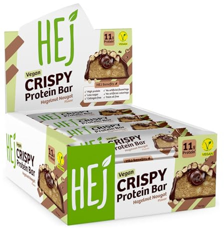 HEJ Vegan Crispy Protein Bar, Hazelnut Nougat, 12 x 45 g, Low Sugar, Snack | Proteinriegel vegan, Low Sugar, High Protein Snack, knusprig, palmölfrei, ohne Kollagen & Zuckerzusatz, ohne künstl. Aromen