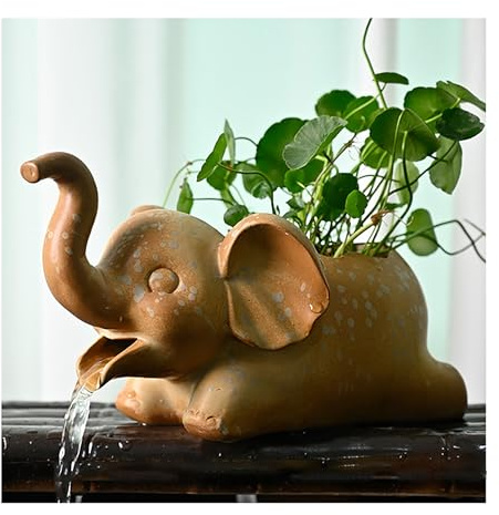 Fontaine cracheuse en céramique Lucky Elephant Fontaine à Circulation d'eau, Ornement pour Bassin à koï, Jardin, terrasse et Jeux d'eau extérieurs (Pompe Non Incluse)(Giallo)
