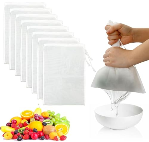 Pack of 8 Straining Cloths Finely Woven Nylon Nut Milk Bags Organic Washable with Drawstring for Nut Milk Cheese Coffee Yoghurt Fruit Juice (20 × 30 cm)