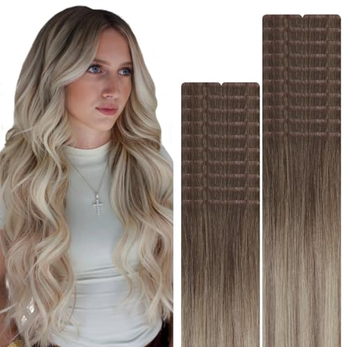 VINBAO Invisi Edge Tape in Extensions Echtes Menschenhaar 60g 20 Stück Balayage Aschbraun und Blond Gemischt mit Aschblond Nahtloses Neue Generation Tape in Hair Extensions 22 Zoll #8/60/18