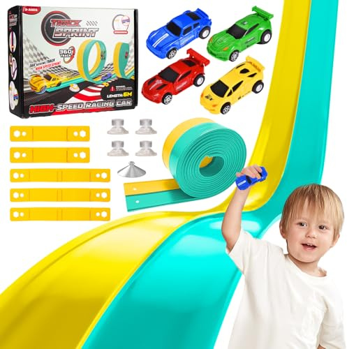 Car Track 6m, Flexible Race Track Cars Ramp Track Toy with 4 Alloy Cars and Storage Bag, Rolls Up Portable Dual Car Race Tracks Toy for Kids Ages 3+ (Yellow & Green)