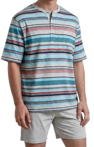 hajo Klima Light Herren Schlafanzug Set – Gestreiftes Kurzarm T-Shirt mit Knopfleiste & Bequeme Kurze Hose mit Gummizug – Atmungsaktives Material, Weich & Leicht für Angenehmen Komfort