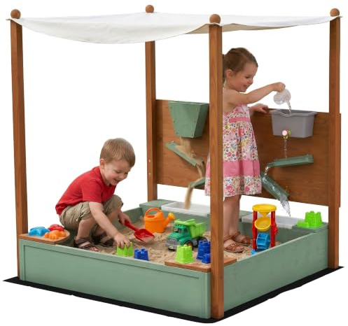 AIYAPLAY Arenero para Niños de Madera con Techo 116x112,5x128 cm Verde | Arenero Infantil, 2 Asientos, 2 Cajas, Grifo, Embudo, Caja de Arena para Niños de 3-6 Años, Patio, Jardín, Balcón, Exterior
