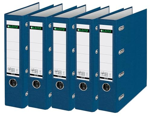 Leitz Plastik-Doppelordner mit zwei Mechaniken, 5er Pack, A4, Blau, 8,2 cm Rückenbreite, PP-laminierter Einband, 2 x für Format A5 quer, 10120035