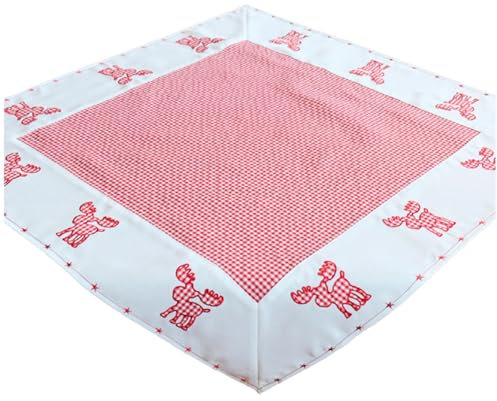 Tischdecke Weihnachten Vichy Karo rot weiß mit süßer Elch Applikation Bestickt und Sterne Bordüre Mitteldecke 85x85 cm Typ292