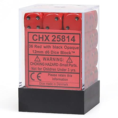 Chessex Opaque 12 mm d6 with pips Dice Blocks (36 Dice) - Red w/Black