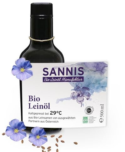 Sannis Bio-Leinöl extra nativ 500 ml I Leinsamenöl aus kontrolliert biologischem Anbau I kaltgepresst & ungefiltert I reich an Omega-3-Fettsäuren I nussig milder Geschmack ideal für Salat & Joghurt
