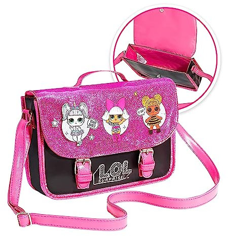 LOL Surprise! Umhängetasche, Handtasche Glitzer mit Einhorn, Diva, & Bienenkönigin, 1 Stück Schwarz und Rosa Handtasche, mit Verstellbarem Riemen & Magnetknopf-Verschluss
