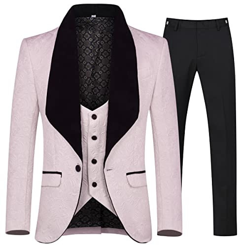 Allthemen Abiti da Uomo 3 Pezzi Prom Wedding Tuxedo Suit per Uomo Scialle con Bavero One Button Blazer Gilet Pantaloni Rosa M