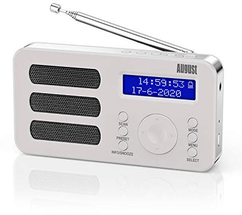 Radio Digitale Portatile DAB+/DAB/FM - August MB225 - Funzione RDS, 40 Preset - Radio Portatile Stereo/Mono - Dual Sveglia - Batteria Ricaricabile - Presa per Cuffie Bianco