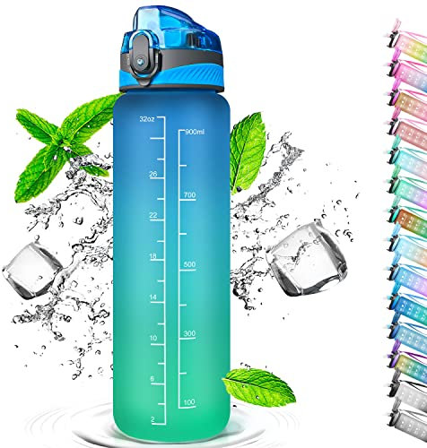 Auckpure Bouteille d'eau de sport de 1 litre, marquages de temps et bouteilles avec pailles, bouteille d'eau s'ouvre en 1 clic, convient pour le fitness, l'extérieur, le camping, le yoga, le cyclisme