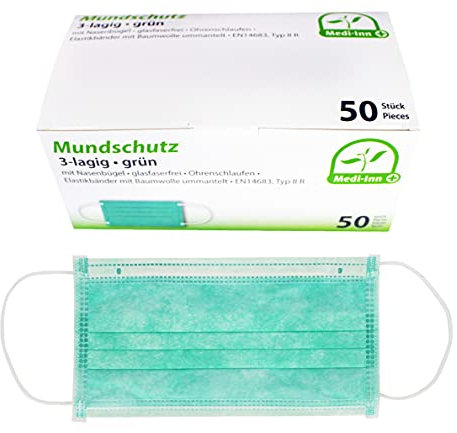 Medi-Inn+ Mundschutz Typ IIR, 3-lagig, grün, 10 x 50 Stück, medizinische Gesichtsmaske mit Ohrschlaufen