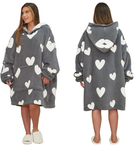 DREAMSCENE Unisex-Kapuzenjacke mit Herz-Aufdruck, tragbare Decke, übergroßer Fleece-Herz-Aufdruck, Anthrazitfarbener Kapuzenpullover