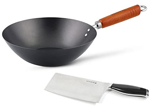 Ken Hom großer Antihaft Karbonstahl Wok 27 cm mit Holzgriff - Wokpfanne ohne Induktion - Set inkl. Hackmesser 18 cm