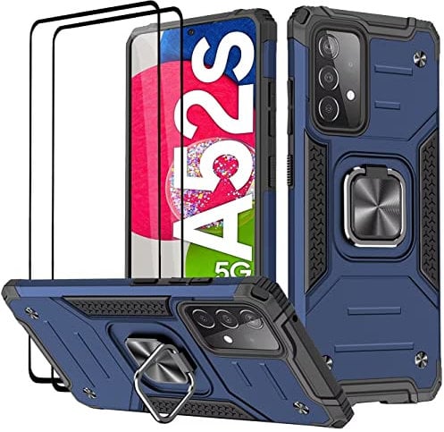 KANSi Hülle für Samsung Galaxy A52 4G&5G / A52S, Schutzfolie [2 Stück] Silikon TPU Hart PC Handy Hüllen 360 Grad Drehbar Ringhalter Bumper Stoßdämpfung Schutzhülle - Blau