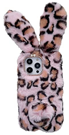 LeviDo Kompatibel für iPhone XS/iPhone X Hülle Silikon Plüsch Kaninchen Handyhülle Leopardenmuster Niedlich Case Cover Pelzig Hasenohren Flauschige Bunny Hüllen Stoßfest Gummi Bumper, pink