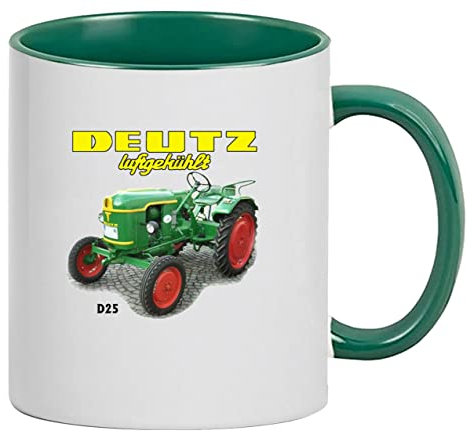Deutz Luftgekühlt D 25 Tasse Kaffeebecher Keramik, 330 ml Inhalt | Weiß/Grün
