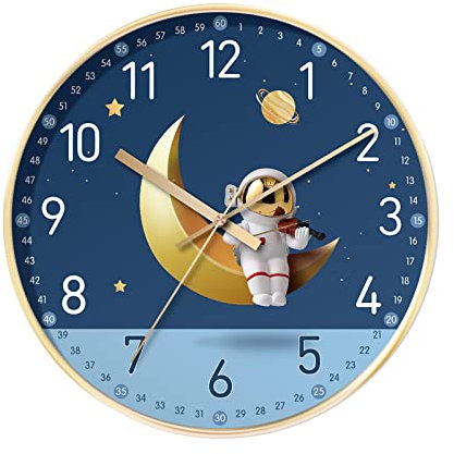 F Fityle -Wanduhr, leise, rund, Cartoon, Nicht, analog, 20,3 cm, dekorative Uhr für Schule, Wohnzimmer, Küche, Schlafzimmer, Astronaut Mond