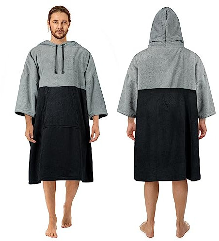 Zingtto Surf-Poncho zum Umziehen, 3/4-Ärmel, Extra Großer, Dicker Kapuzen-Handtuch-Poncho für Männer und Frauen, Strandschwimmen, 43''x35'', Schwarzgrau