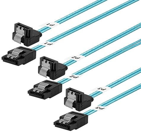 ADCAUDX SATA-III Cable:12 Inches,3 Pack Thin 90-Degree SATA Right-Angle Cable 6-Gbps Data Angled to Straight with Locking Latch for SDD,HDD,Computer,Blue (0.3M)
